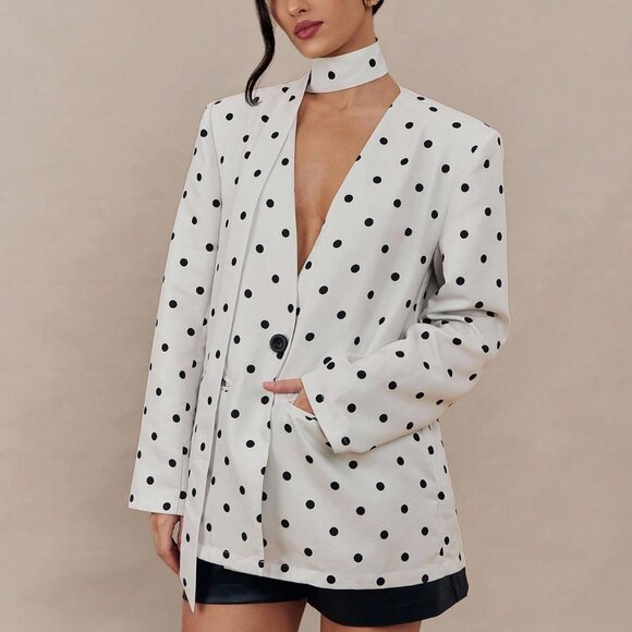 Elegant Women's Polka Dot Print Long Sleeve Casual Loose oversize Blazer Jacket - Picture 2 of 8